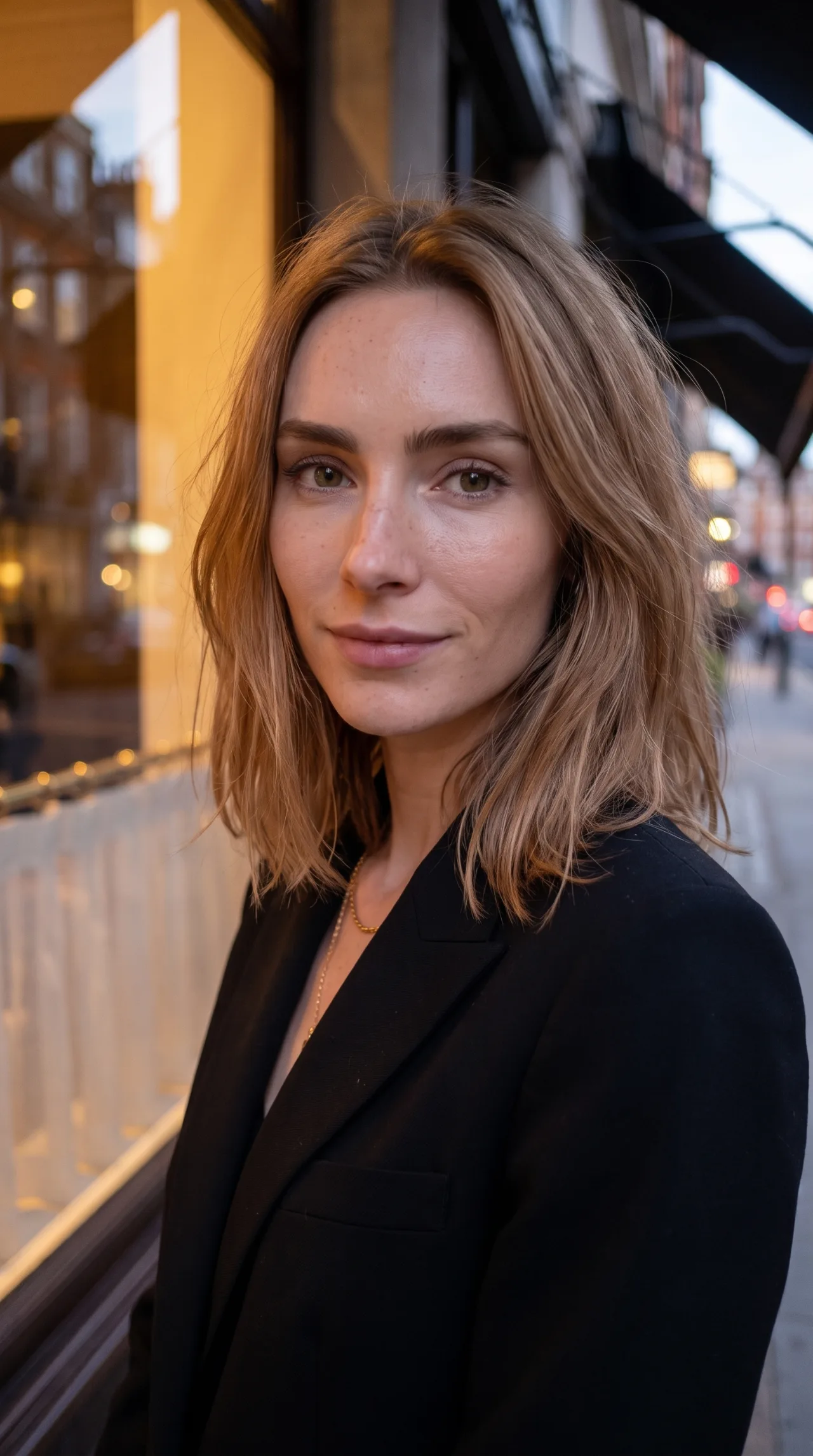 A woman in a black blazer on a city street at dusk