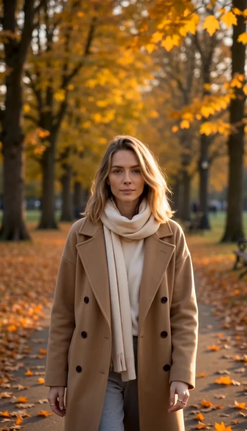 A woman in a camel coat walking through an autumn park
