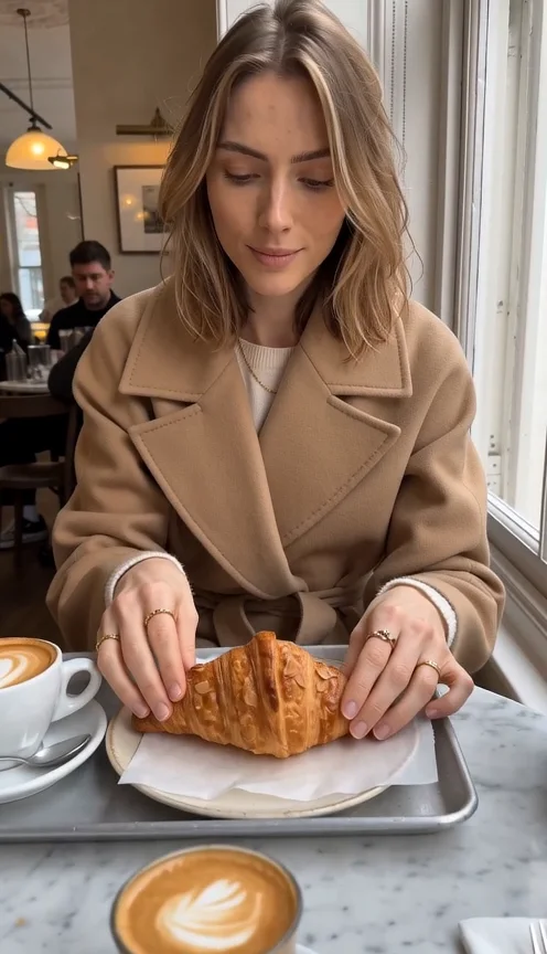 A woman tearing a croissant at a café table
