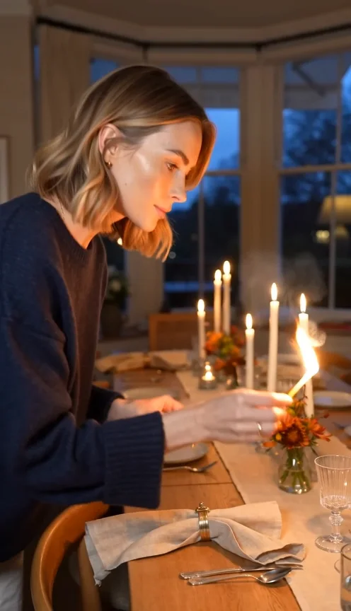 A woman lighting candles on a dinner table at dusk